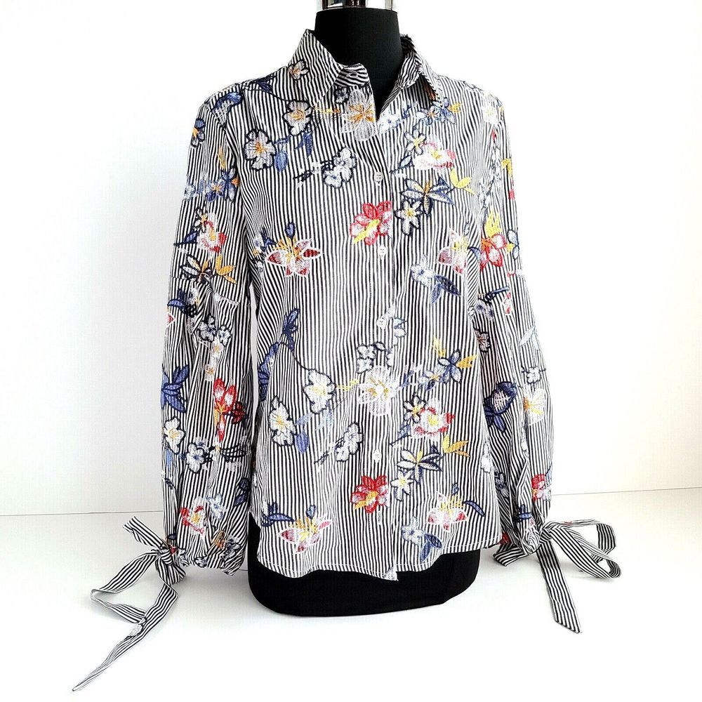 Nanette Lepore Black White Striped Floral Button-Down Shirt